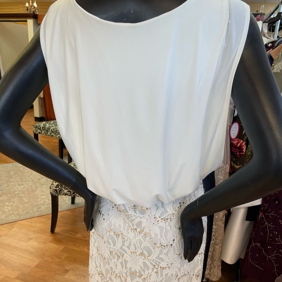 Long off white dress with jersey blouse top and lace bottom size 6 gold sequins - Picture 3 of 7